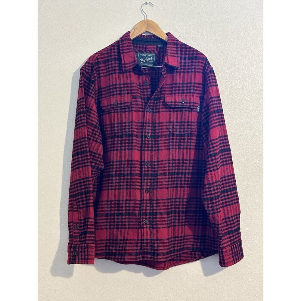 Woolrich Mens XL Plaid Flannel Shirt‎ Shacket 100% Cotton Brawny Dark Red Black